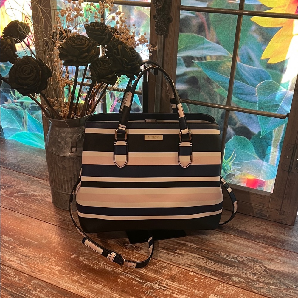 kate spade Navy, Black, White & Light Pink Striped Satchel - Picture 2 of 11